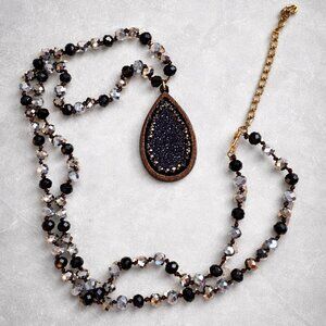 Black Druzy Teardrop Necklace 18” + Extender Gold Tone Beaded Statement